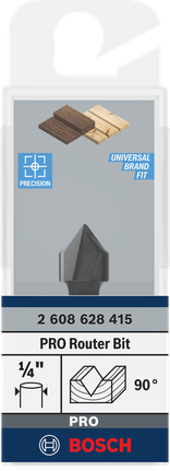 „Bosch PRO“ frezos antgalis su V formos grioveliu, 90°, 1/2 colio, 1/4 colio kotu.