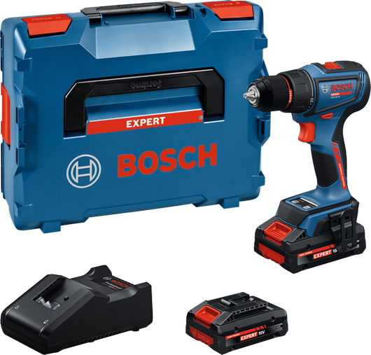 „Bosch EXSR18V-90“ akumuliatorinis gręžtuvas su baterijomis.