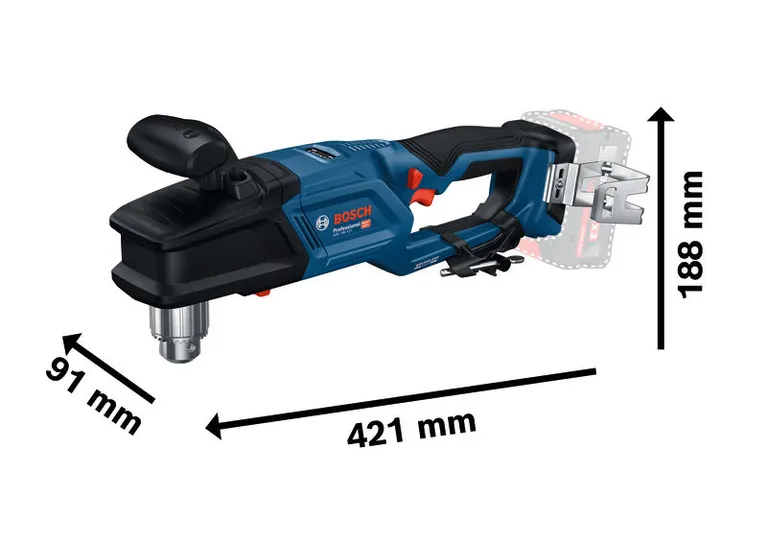 „ Bosch GRD 18V-127“ akumuliatorinis kampinis gręžtuvas su matmenimis.