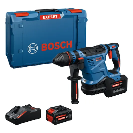 „Bosch“ perforatorius EXBH18V-32F su įkrovikliu ir dėklu.