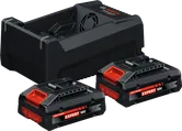 „Bosch“ pradinis rinkinys su GAL 12V/18V-80 įkrovikliu, 2 x 18 V 4 Ah akumuliatoriais.