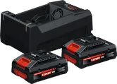 „Bosch“ pradinis rinkinys su GAL 12V/18V-80 įkrovikliu, 2 x 18 V 4 Ah akumuliatoriais.