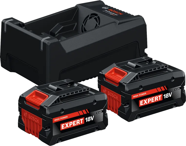 „Bosch“ pradinis rinkinys su GAL 12V/18V-80 įkrovikliu ir dviem 18 V 5,5 Ah akumuliatoriais.