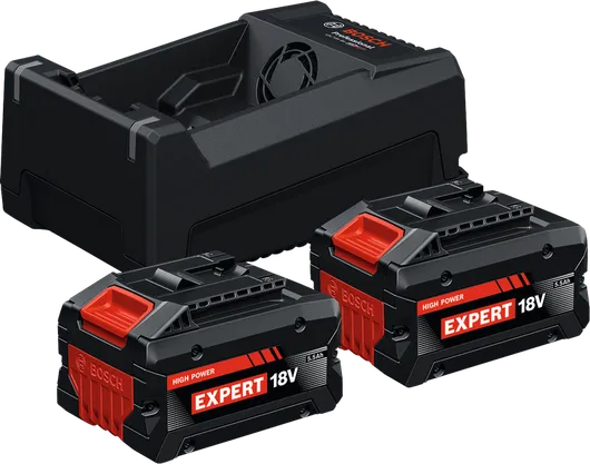 „Bosch“ pradinis rinkinys su GAL 12V/18V-80 įkrovikliu ir dviem 18 V 5,5 Ah akumuliatoriais.