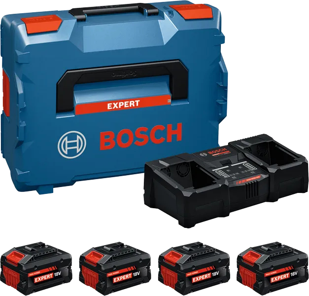 „Bosch“ pradinis rinkinys su L-BOXX dėklu, įkrovikliu ir keturiomis 18 V baterijomis.