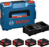 „Bosch“ pradinis rinkinys su L-BOXX dėklu, įkrovikliu ir keturiomis 18 V baterijomis.