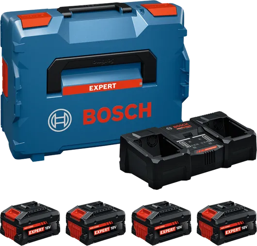 „Bosch“ pradinis rinkinys su L-BOXX dėklu, įkrovikliu ir keturiomis 18 V baterijomis.