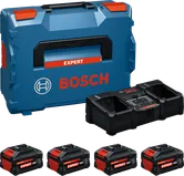 „Bosch“ pradinis rinkinys su L-BOXX dėklu, įkrovikliu ir keturiomis 18 V baterijomis.