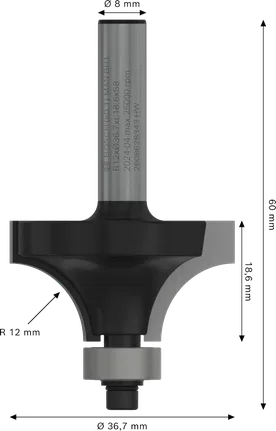 „Bosch PRO“ frezos antgalis, apvalinamas daugiau nei 12 mm spinduliu, 8 mm kotu.