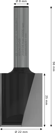 „Bosch PRO“ frezos tiesusis antgalis, 22 mm, dviem grioveliais.
