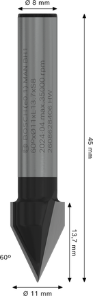 „Bosch PRO“ frezos antgalis V formos grioveliu, 60°, 11 mm, kotas 8 mm.