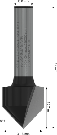 „Bosch PRO“ frezos antgalis V formos grioveliu, 90°, 16 mm skersmens.