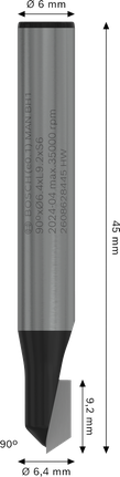 „Bosch PRO“ frezos antgalis V formos grioveliu 90°, 6,4 mm, kotas 6 mm.
