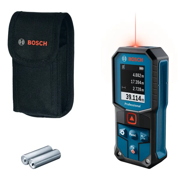 „Bosch GLM 40“ lazerinis atstumų matuoklis su dėklu ir baterijomis.