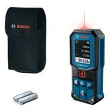 „Bosch GLM 40“ lazerinis atstumų matuoklis su dėklu ir baterijomis.