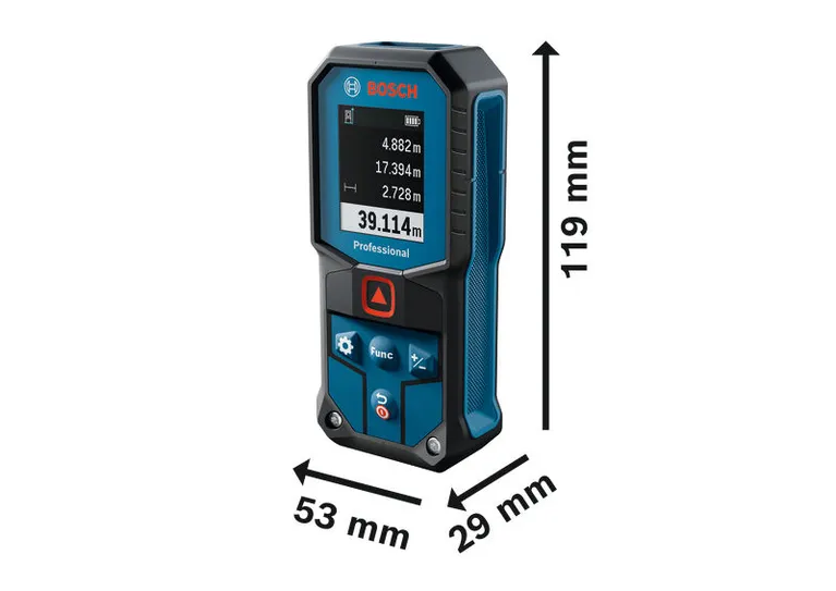 „ Bosch GLM 40-31“ lazerinis matavimo prietaisas su nurodytais matmenimis.