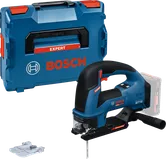 „Bosch“ akumuliatorinis siaurapjūklis su dėklu ir peiliukų rinkiniu.