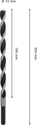 „Bosch PRO“ medienos grąžtas su smailiu kampu, 12 x 190 x 250 mm.