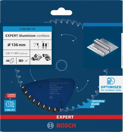 „Bosch EXPERT“ aliuminio akumuliatoriaus diskinio pjūklo diskas, 136 mm, 48 dantys.