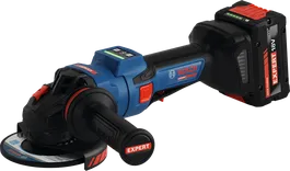 Akumuliatorinis kampinis šlifuoklis „Bosch EXWS18V-15PS“ su 18 V akumuliatoriumi.