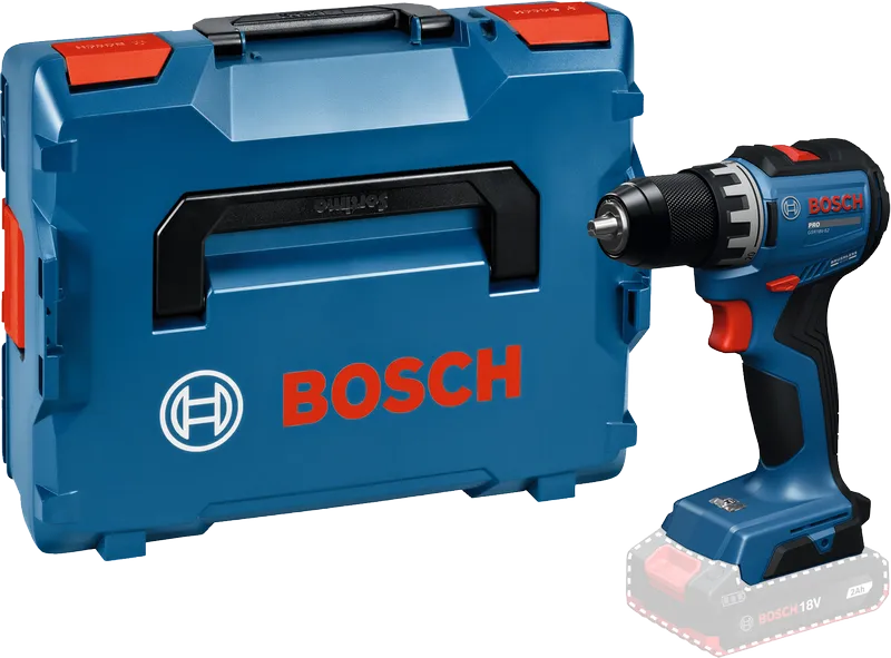 Akumuliatorinis gręžtuvas „Bosch GSR18V-52“ su mėlynu nešiojimo dėklu.