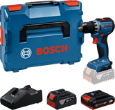 „Bosch GSR18V-52“ gręžimo rinkinys su dėklu, įkrovikliu ir 18 V akumuliatoriais.