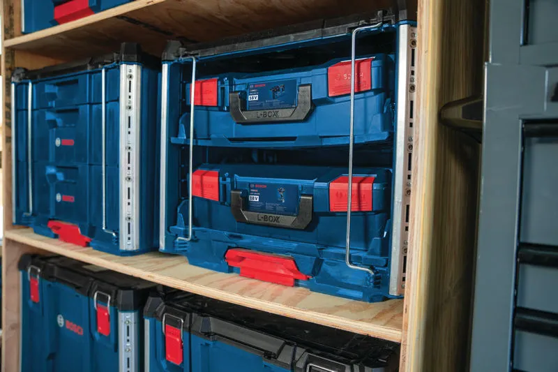 „Bosch L-BOXX Contractor Rack 2“ nešiojimo dėklų sistema.