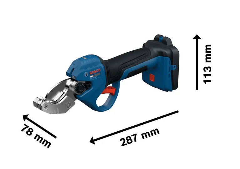 „Bosch GPC18V-32P“ akumuliatorinės vamzdžių žirklės su matmenimis.