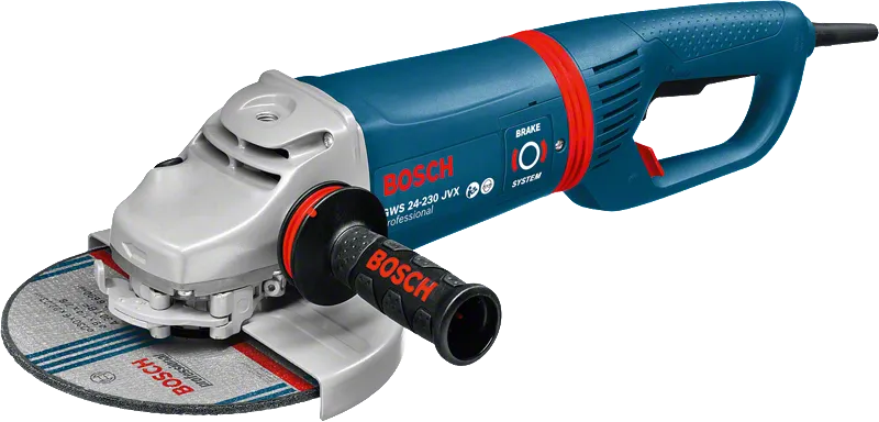 „Bosch GWS 24-230 JVX“ kampinis šlifuoklis su 230 mm disku.