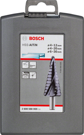 Bosch trīsdaļīgs HSS-AlTiN pakāpienu urbju komplekts koferī.