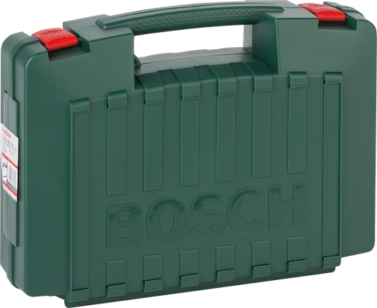 Bosch plastmasas instrumentu kaste ar drošām sarkanām aizdarēm.
