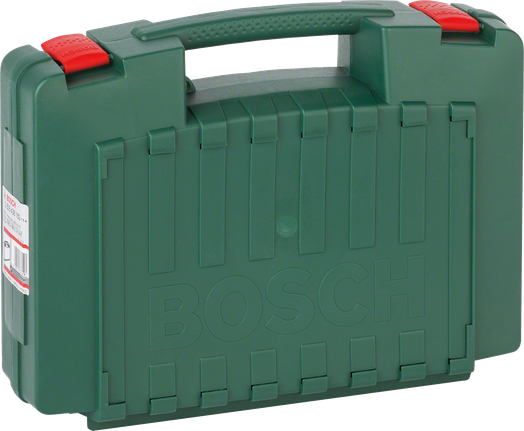 Bosch plastmasas koferis ar rokturi un drošiem sarkaniem aizbīdņiem.