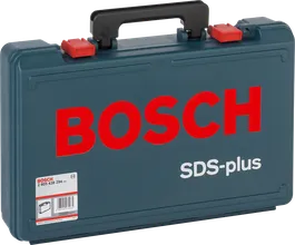 Bosch SDS-plus plastmasas koferis ar rokturi un sarkanām aizbīdnēm.