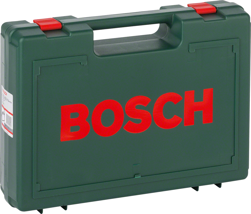 Bosch plastmasas koferis ar rokturi un sarkanām aizbīdnēm.