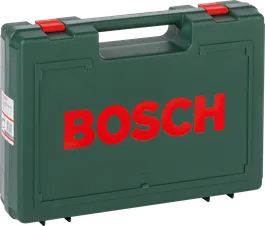 Bosch plastmasas koferis ar rokturi un sarkanām aizbīdnēm.