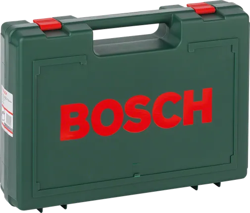 Bosch plastmasas koferis ar rokturi un sarkanām aizbīdnēm.