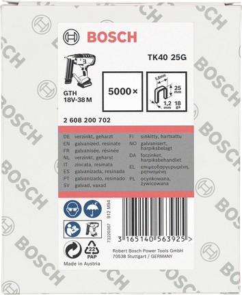 Bosch TK40 25G cinkotas naglas 5000 × 25 mm.