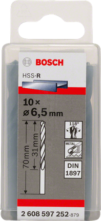 Bosch 6,5 mm HSS-R īso urbju komplekts.