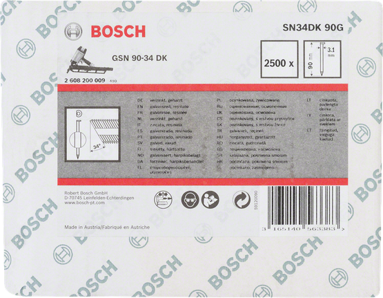 Bosch GSN 90-34 DK naglas, 90 mm garas, 2500 gab. iepakojumā.