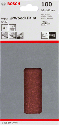 Bosch C430 slīpēšanas loksnes, 100 graudi, 93 × 186 mm iepakojumā.