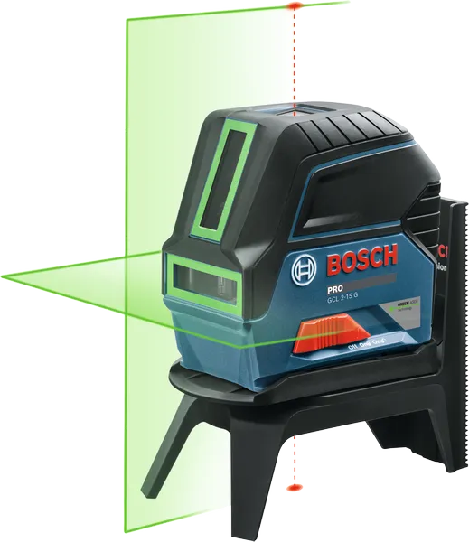 Bosch GCL 215 G lāzera līmeņošanas instruments ar zaļām lāzera līnijām.