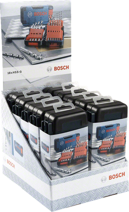 Bosch 18 daļu HSS-G metāla urbju komplekta displejs.