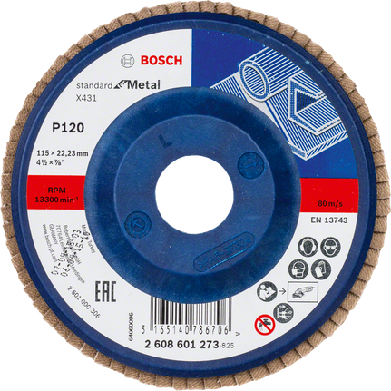 Bosch X431 lāpstiņas metālam, 115 mm diametrs, graudainība 120.