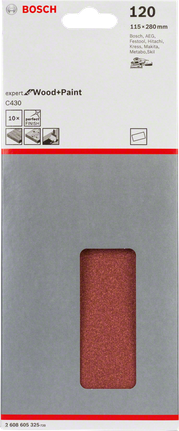 Bosch C430 slīpēšanas loksnes, 120 graudi, 115 × 280 mm, 10 loksnes iepakojumā.