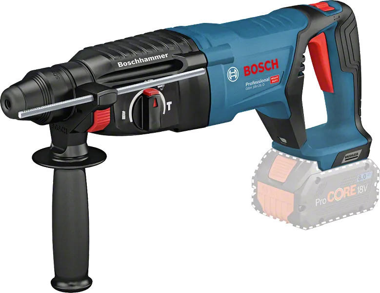 Bosch GBH 18V-26 D perforators ar sānu rokturi.
