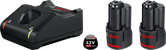 Bosch 12 V sākuma komplekts ar lādētāju un diviem akumulatoriem.