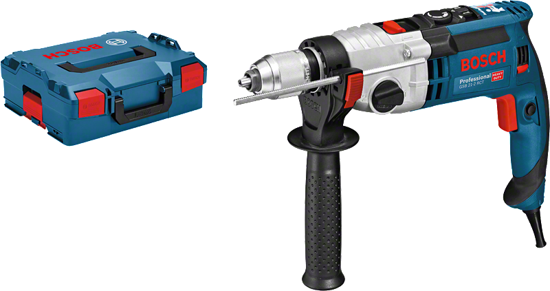 Bosch GSB 21-2 RCT urbis ar sānu rokturi un pārnēsāšanas koferi.