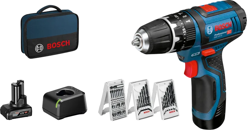 Bosch GSB 12V-15 akumulatora urbjmašīnas komplekts ar akumulatoru un urbjiem.