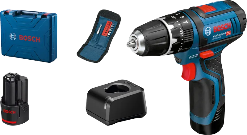 Bosch GSB 12V-15 akumulatora urbjmašīnas komplekts ar koferi.
