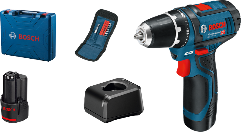 Bosch GSR 12V-15 akumulatora urbjmašīnas komplekts ar piederumiem.